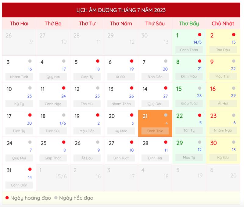 Tháng 7 Có Bao Nhiêu Ngày Theo Lịch Âm và Dương 2023