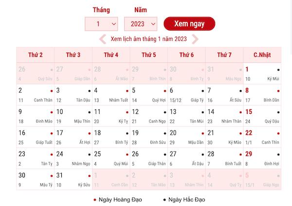 Tháng 1 Có Bao Nhiêu Ngày Theo Lịch Âm và Dương 2023